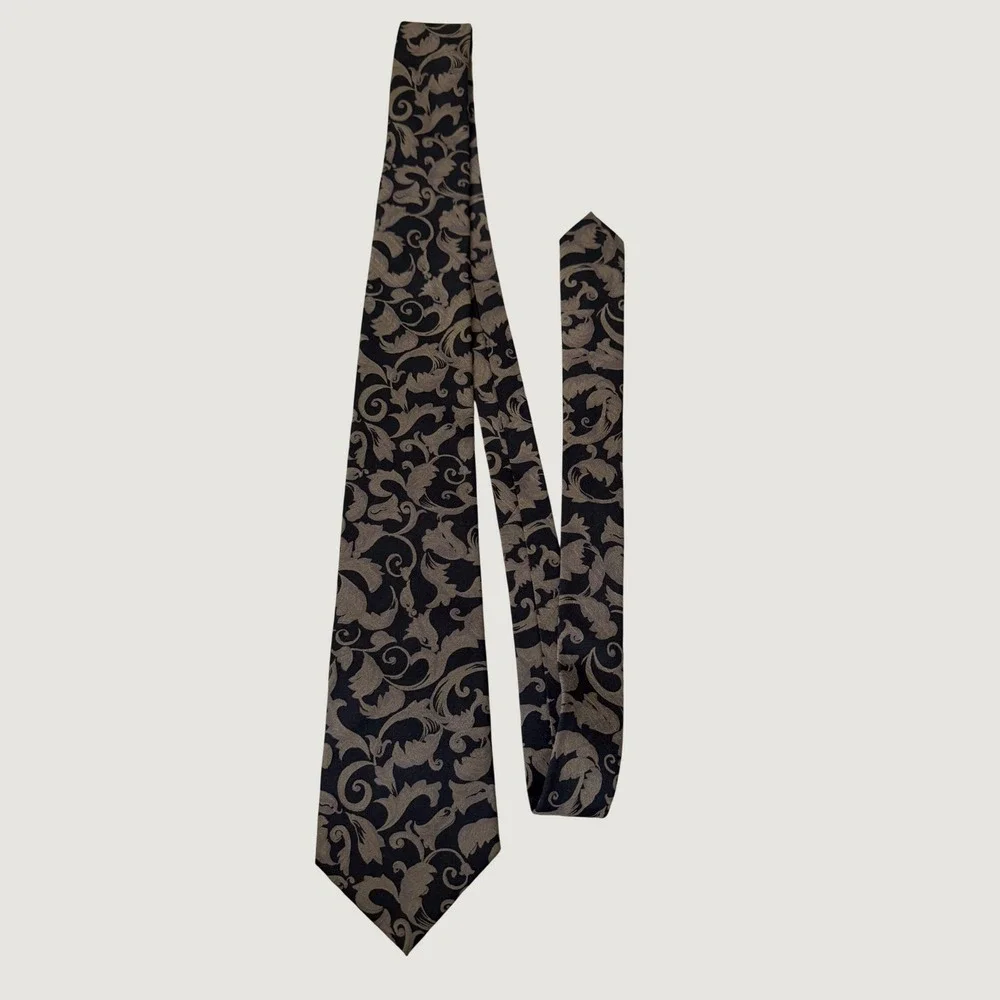 Yukiko Hanai Silk Necktie Charcoal Bronze Baroque Scroll Floral Designer Luxury
